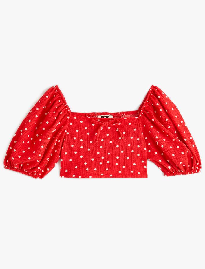 Kız Çocuk Crop Bluz Kısa Balon Kollu Fiyonk Detaylı Puantiyeli