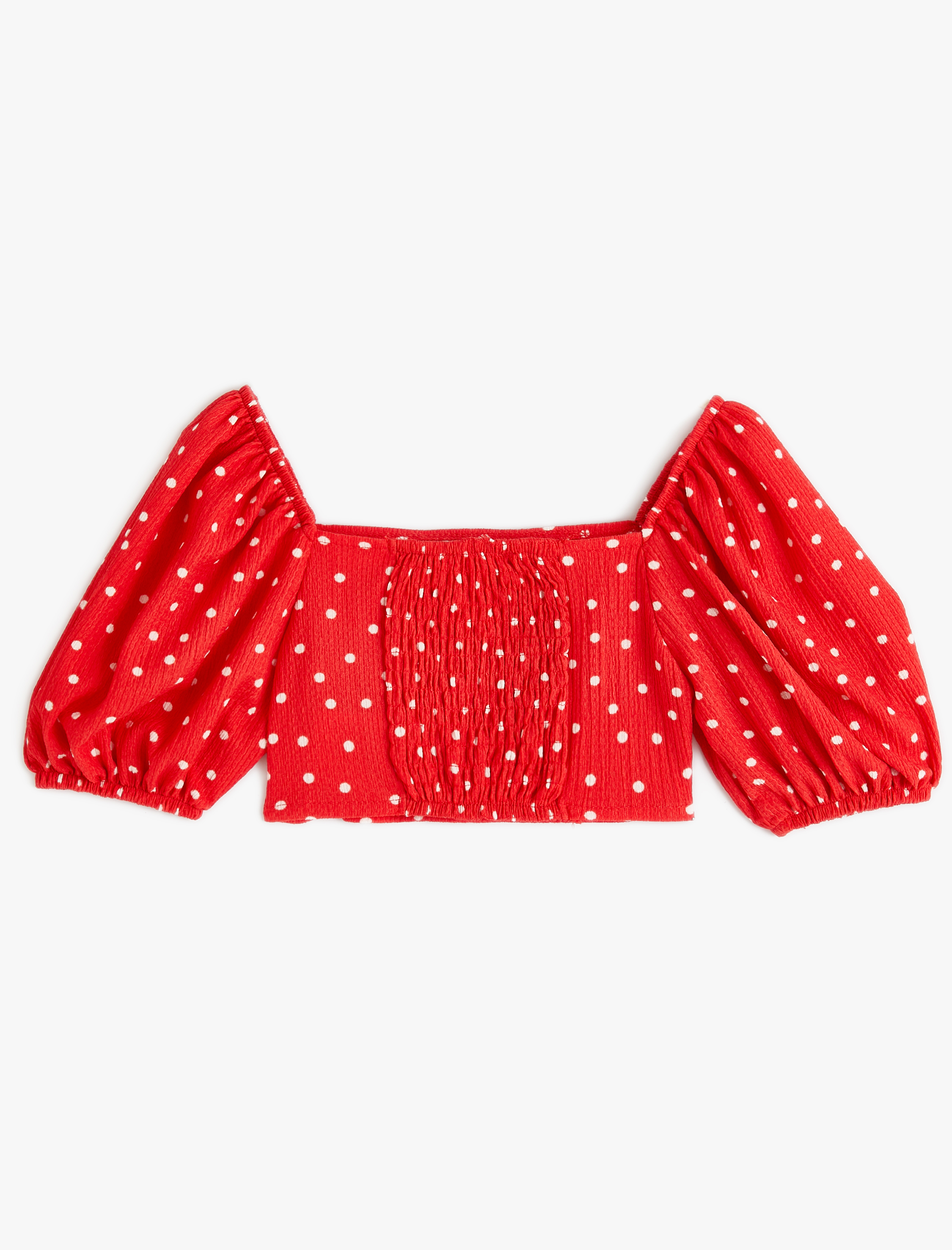  Kız Çocuk Crop Bluz Kısa Balon Kollu Fiyonk Detaylı Puantiyeli