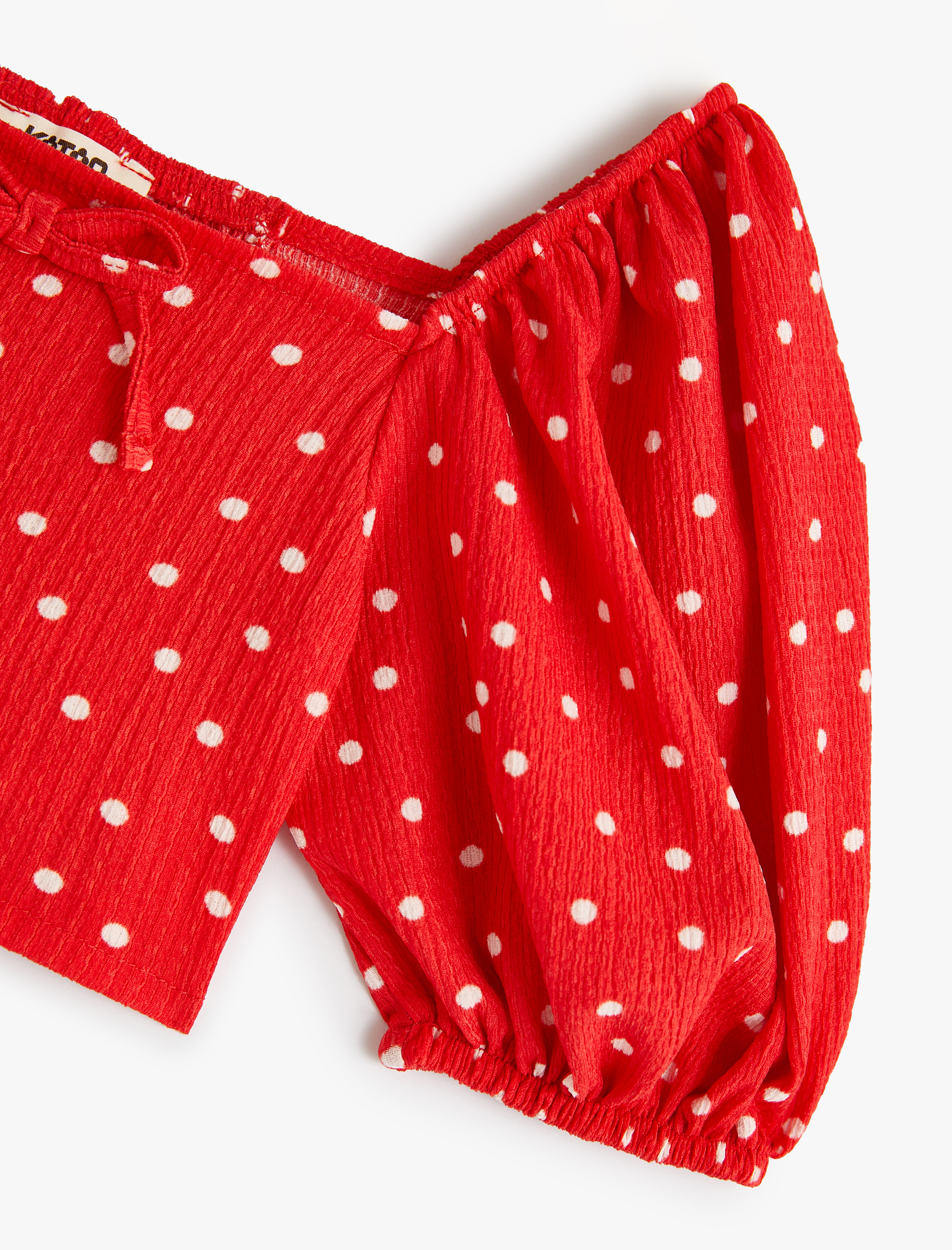  Kız Çocuk Crop Bluz Kısa Balon Kollu Fiyonk Detaylı Puantiyeli