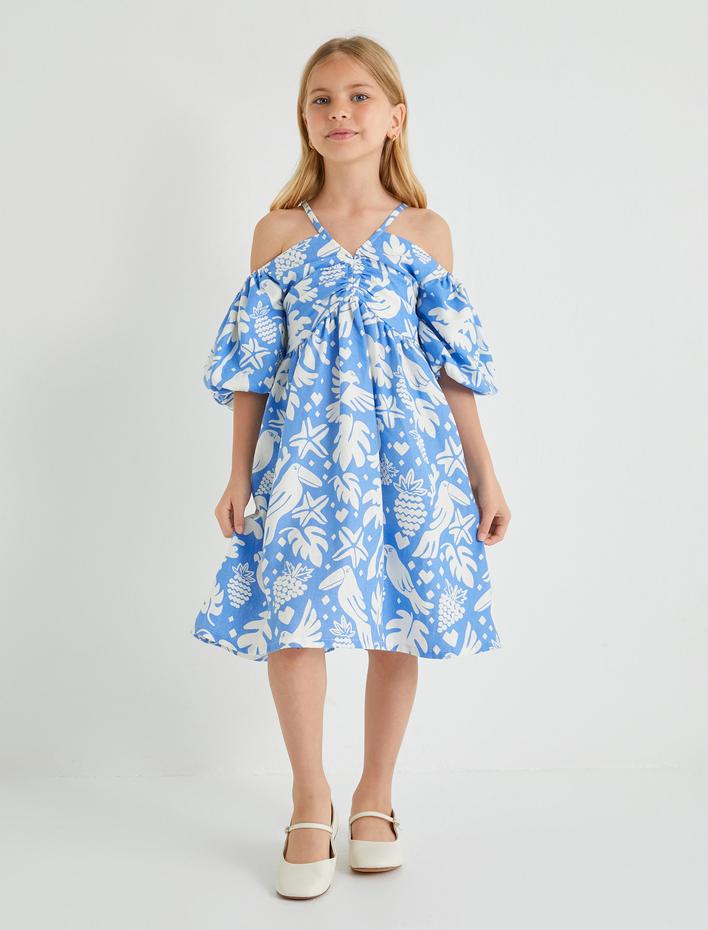 Kız Çocuk Keten Elbise Midi Boy İp Askılı Çiçek Desenli