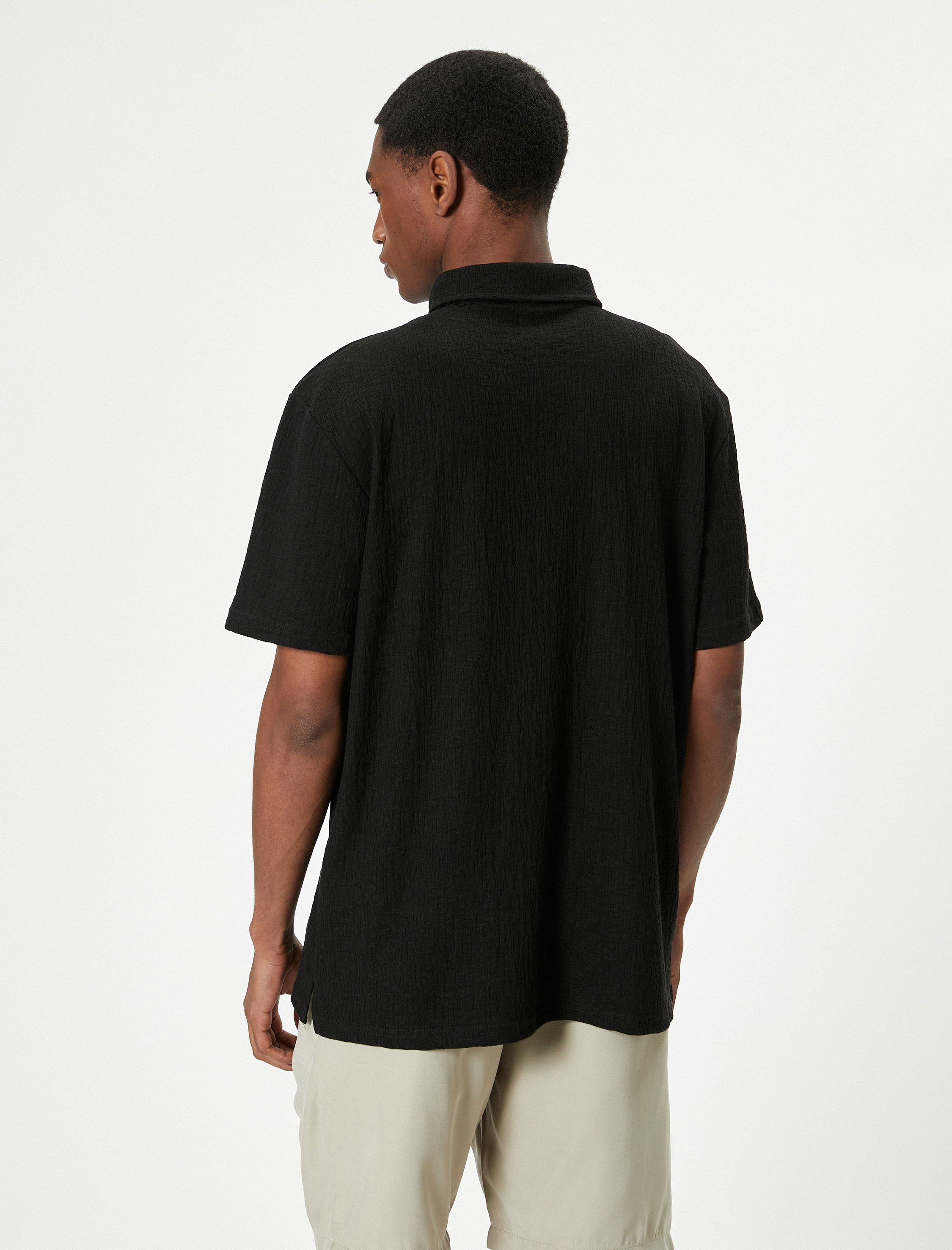   Polo Yaka Tişört Düğmeli Dokulu Pamuklu Kısa Kollu