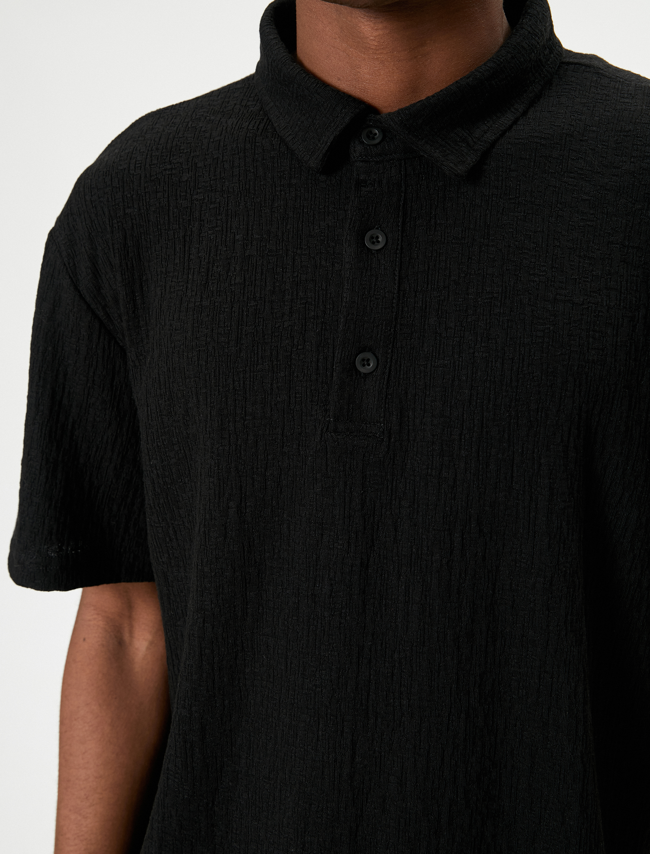   Polo Yaka Tişört Düğmeli Dokulu Pamuklu Kısa Kollu