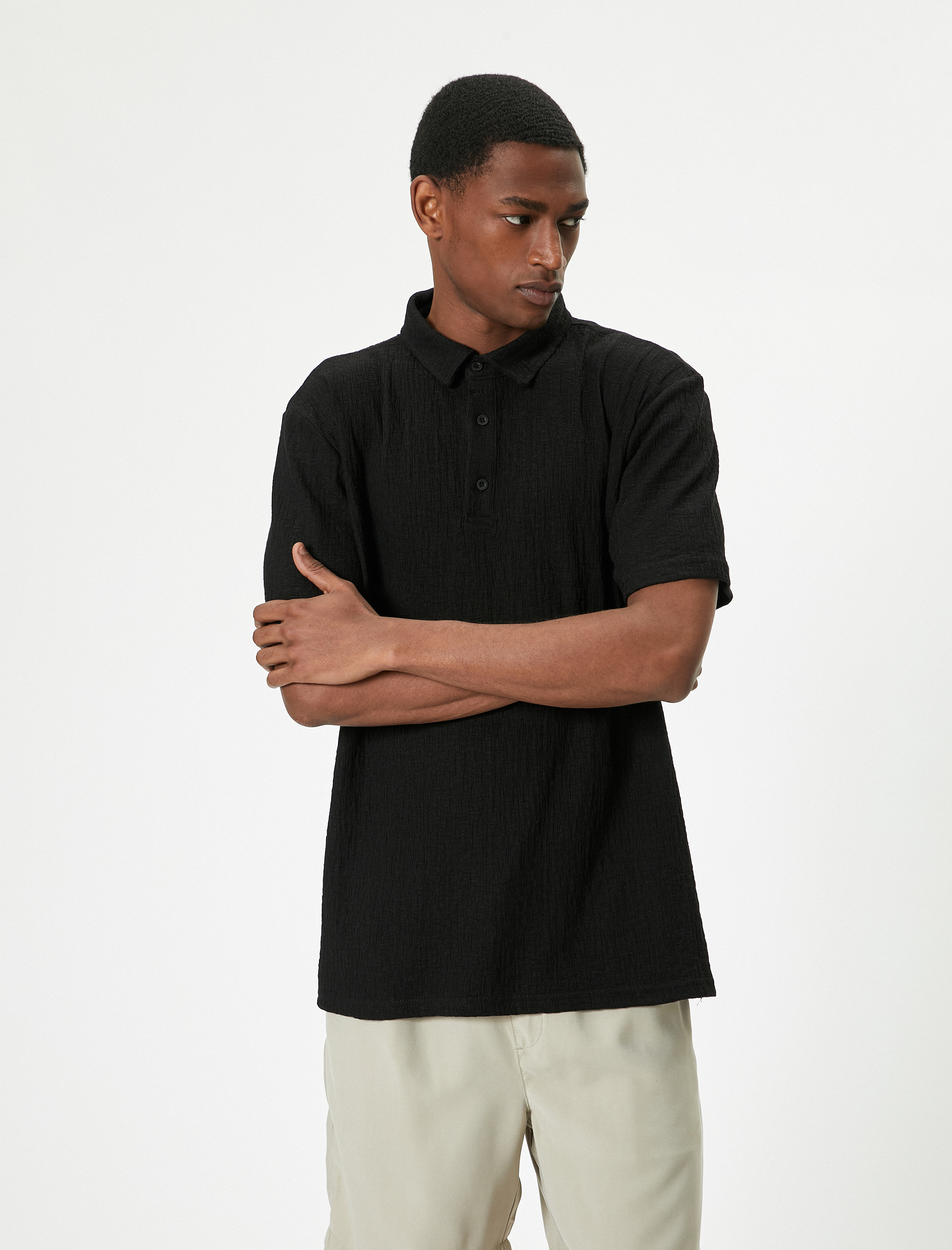   Polo Yaka Tişört Düğmeli Dokulu Pamuklu Kısa Kollu