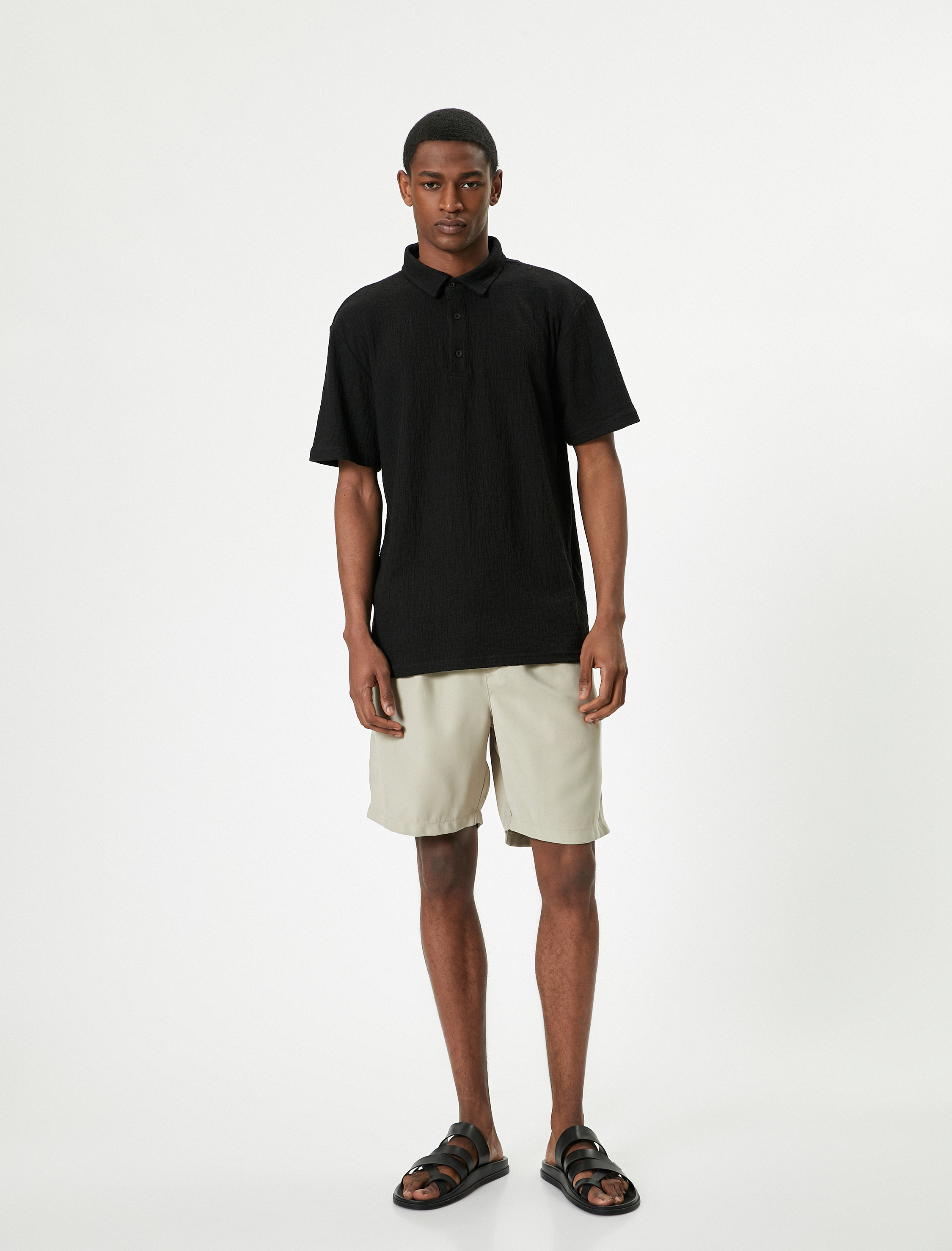   Polo Yaka Tişört Düğmeli Dokulu Pamuklu Kısa Kollu