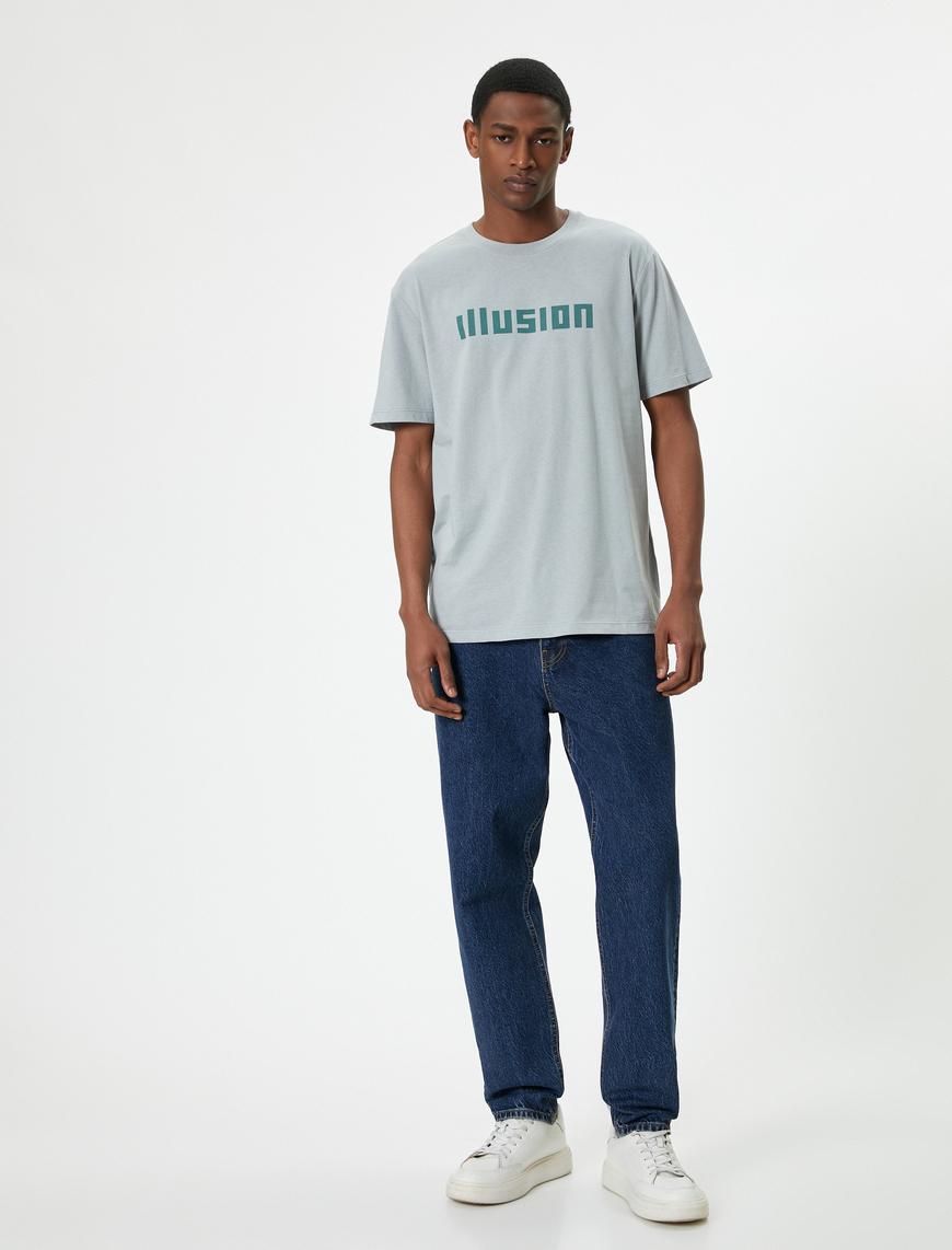   Slogan Baskılı Tişört Slim Fit Bisiklet Yaka Kısa Kollu Pamuklu
