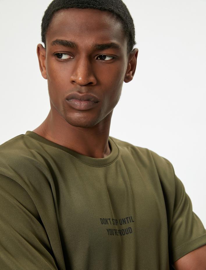  Spor Tişört Slogan Baskılı Renk Bloklu Bisiklet Yaka