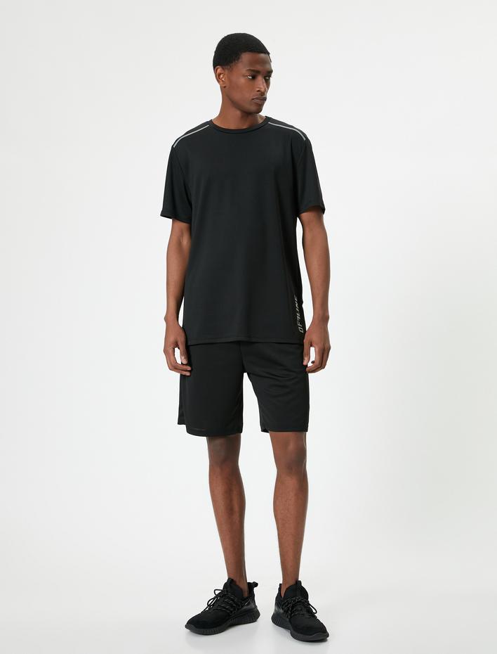  Spor Tişört Slogan Baskılı Renk Bloklu Bisiklet Yaka