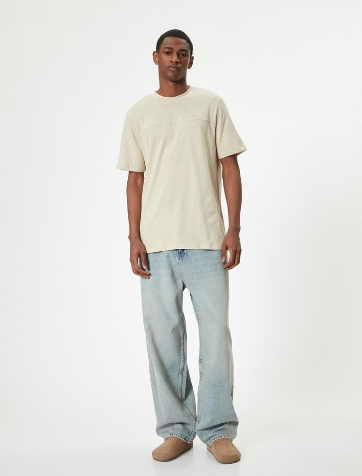  Basic Tişört Bisiklet Yaka Kısa Kollu Şerit Detaylı Pamuklu