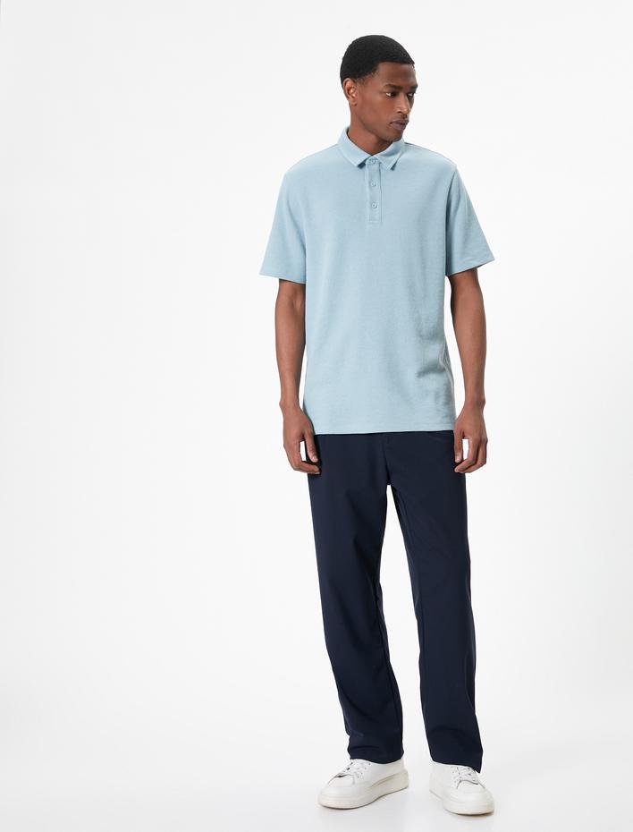  Yakalı Tişört Düğme Detaylı Kısa Kollu Dokulu