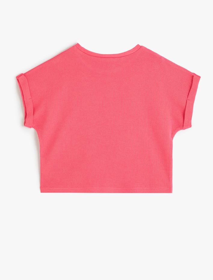 Kız Çocuk Crop Tişört Kısa Kollu Bisiklet Yaka Çiçek Baskılı Pamuklu