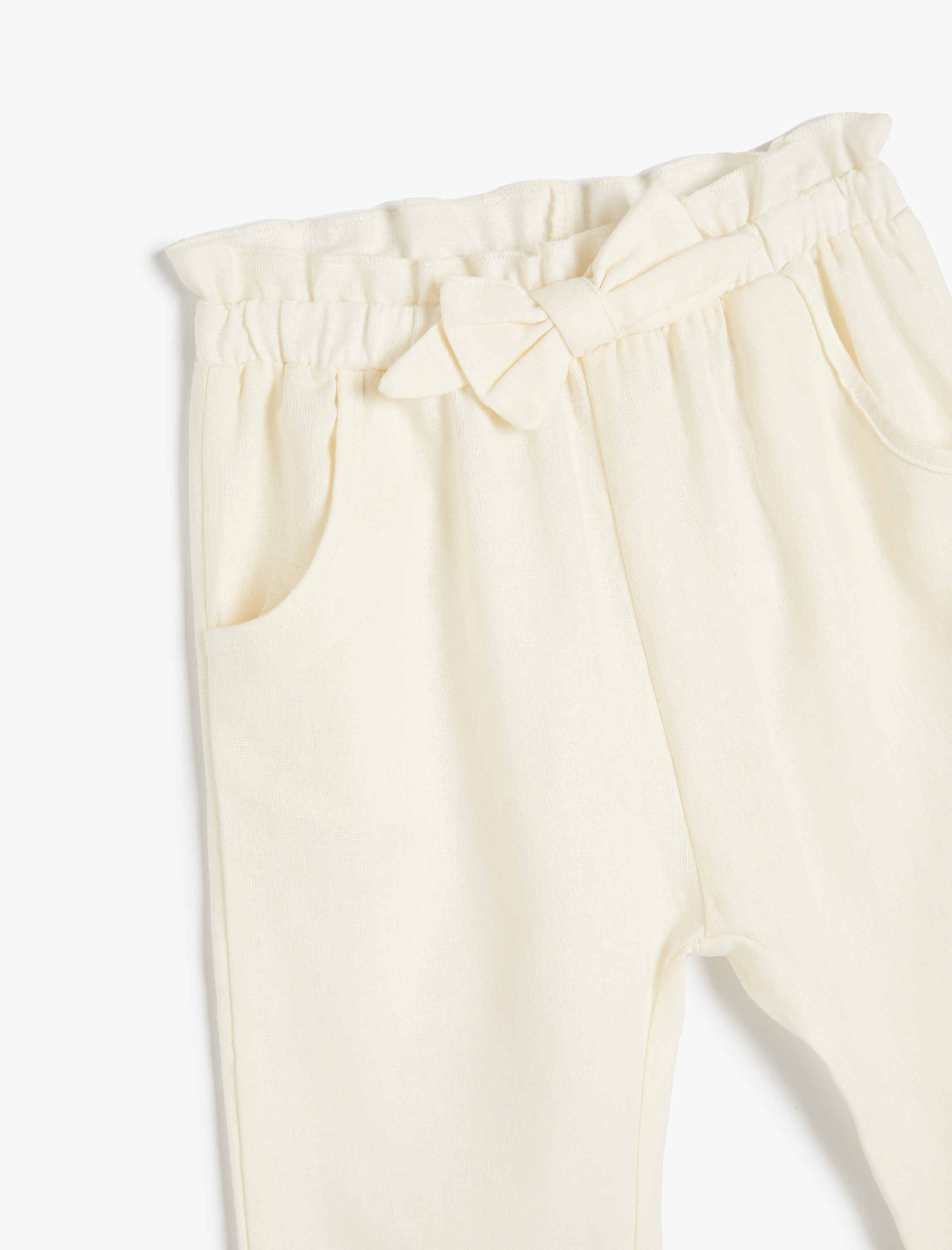  Kız Bebek Fiyonklu Pantolon Keten Karışımlı Cep Detaylı Beli Lastikli