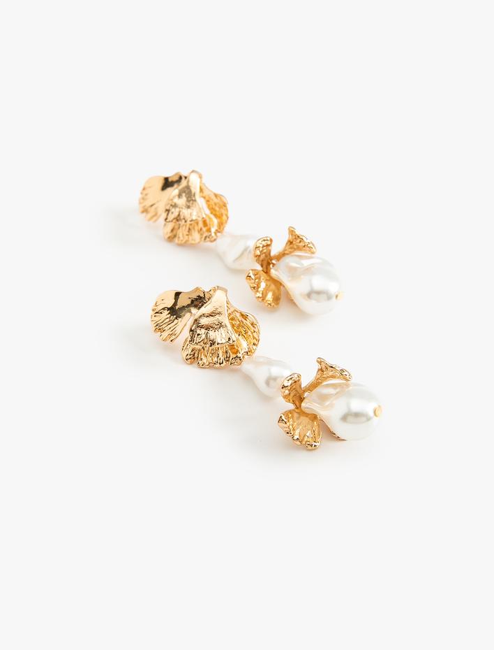 Kadın İnci Küpe Ginkgo Yaprak Detaylı Sallantılı Orta Boy