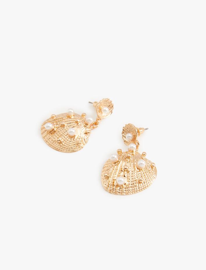 Kadın Deniz Kabuğu Küpe İnci Detaylı Orta Boy