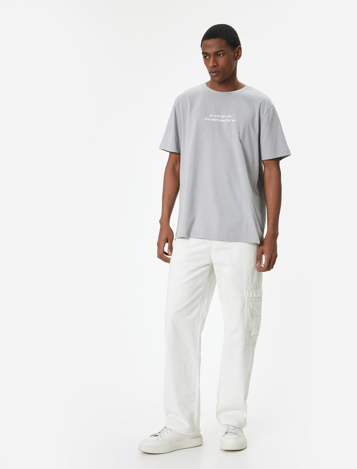  Slogan Baskılı Tişört Bisiklet Yaka Kısa Kollu Pamuklu