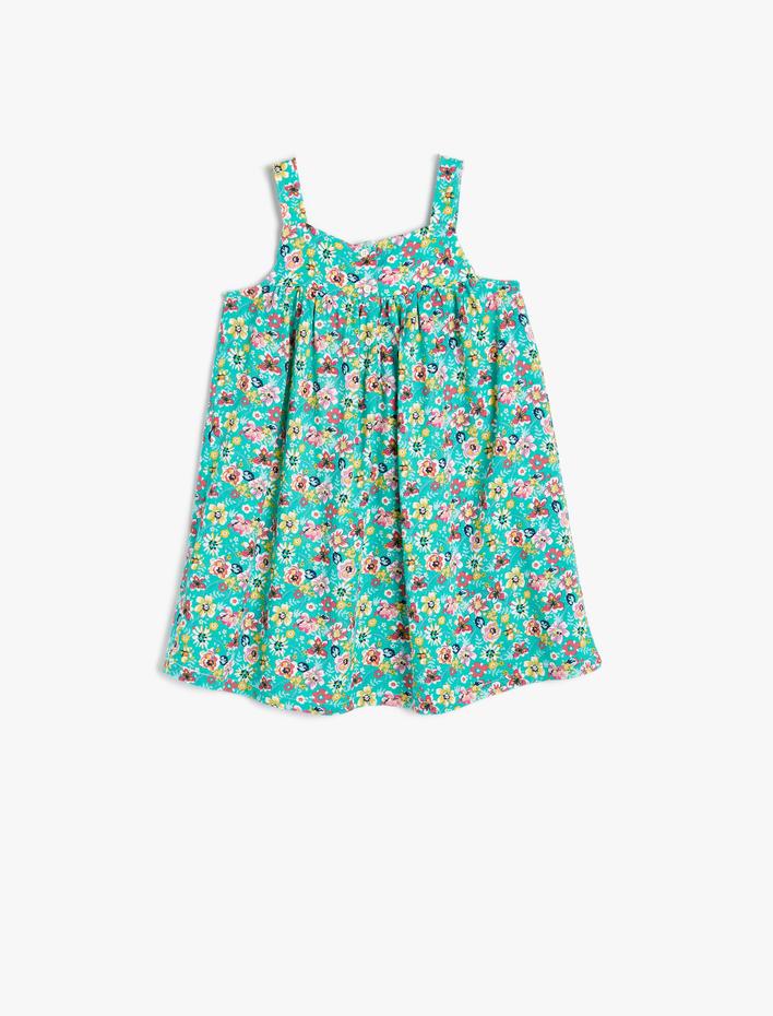 Kız Bebek Çiçekli Elbise Kalın Askılı Kare Yaka