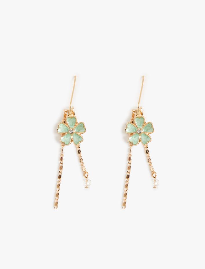 Kadın Çiçekli Küpe Zincir Detaylı Sallantılı