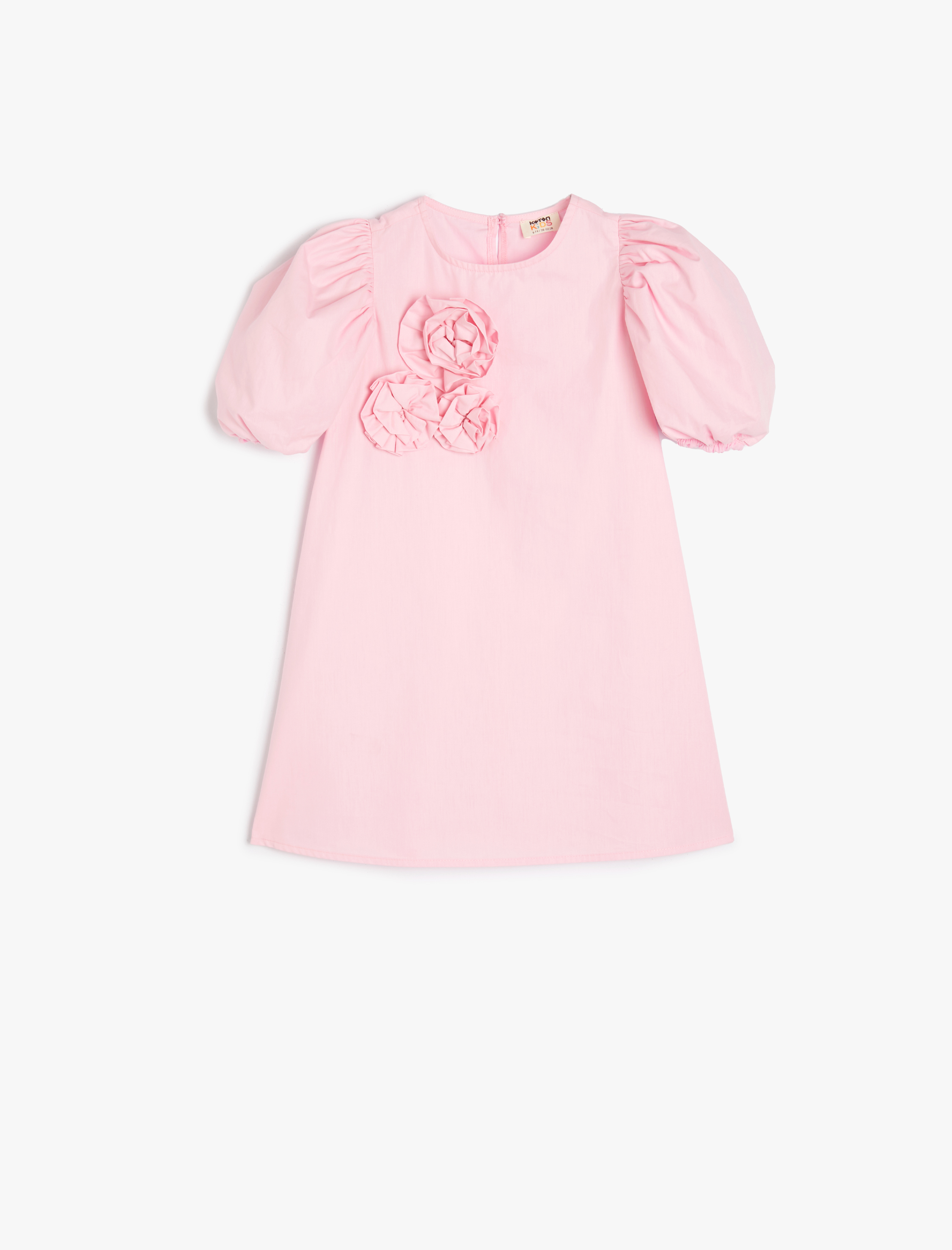  Kız Çocuk Elbise Çiçek Aplikeli Kısa Kollu Yuvarlak Yaka Fırfır Detaylı