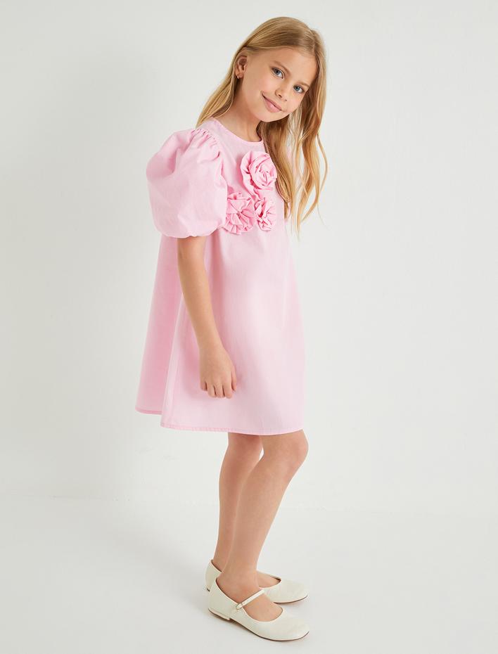 Kız Çocuk Elbise Çiçek Aplikeli Kısa Kollu Yuvarlak Yaka Fırfır Detaylı