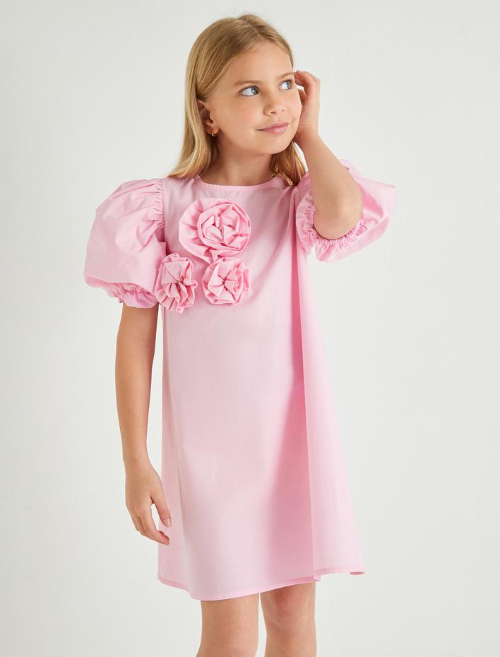 Kız Çocuk Elbise Çiçek Aplikeli Kısa Kollu Yuvarlak Yaka Fırfır Detaylı