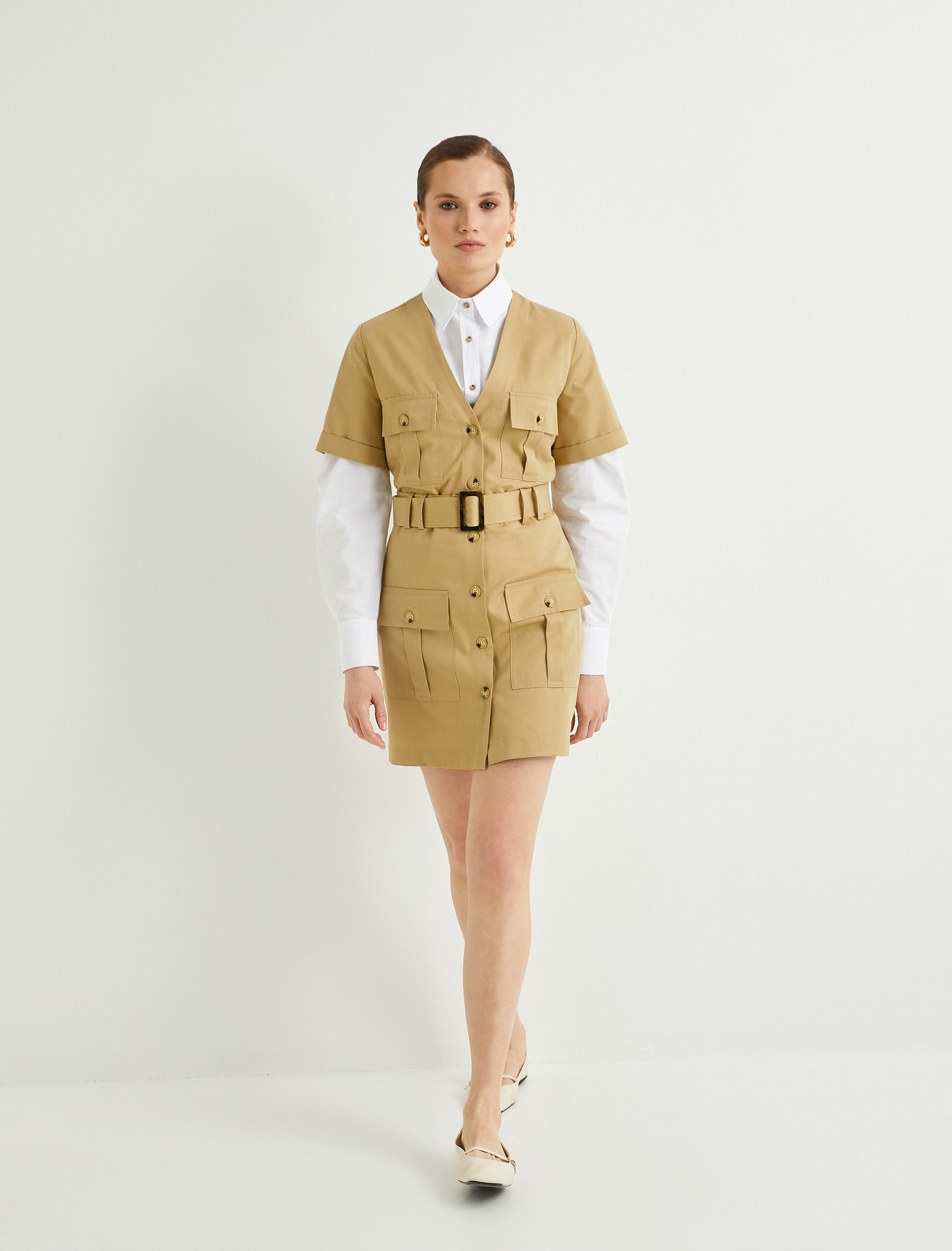   Gömlek Elbise V Yaka Düğmeli Cep Detaylı Kısa Kollu