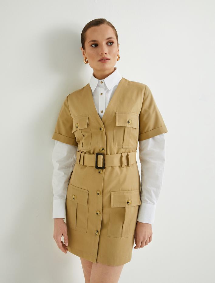  Gömlek Elbise V Yaka Düğmeli Cep Detaylı Kısa Kollu