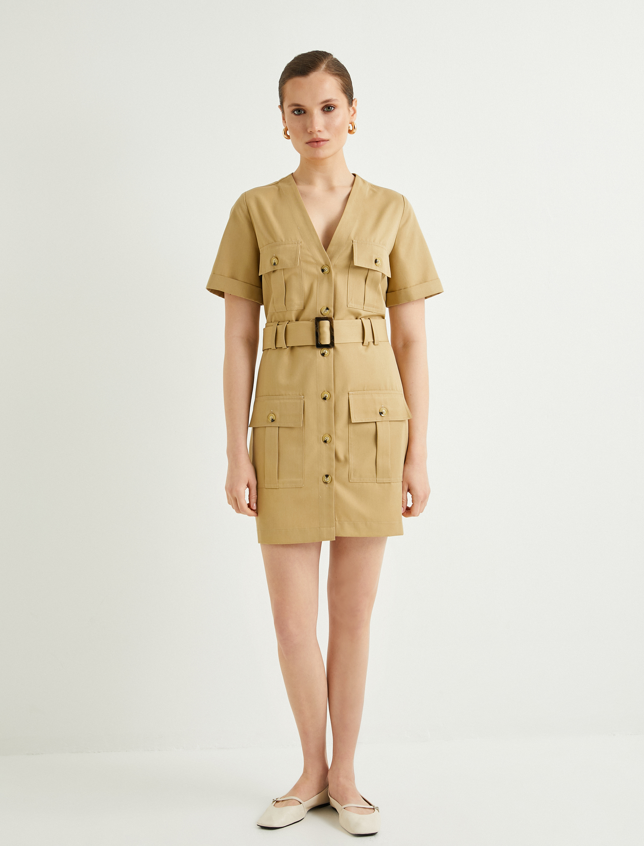   Gömlek Elbise V Yaka Düğmeli Cep Detaylı Kısa Kollu