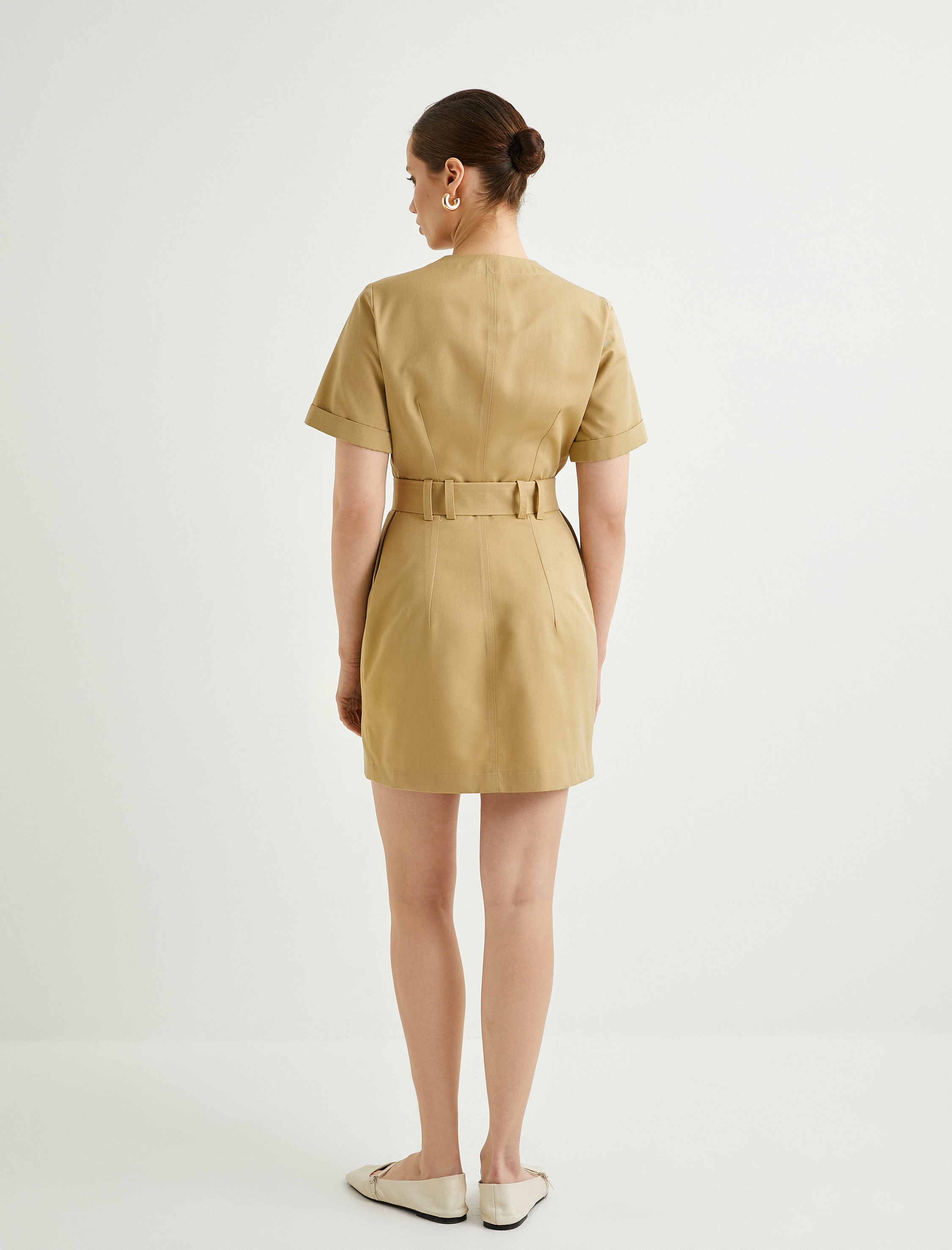   Gömlek Elbise V Yaka Düğmeli Cep Detaylı Kısa Kollu