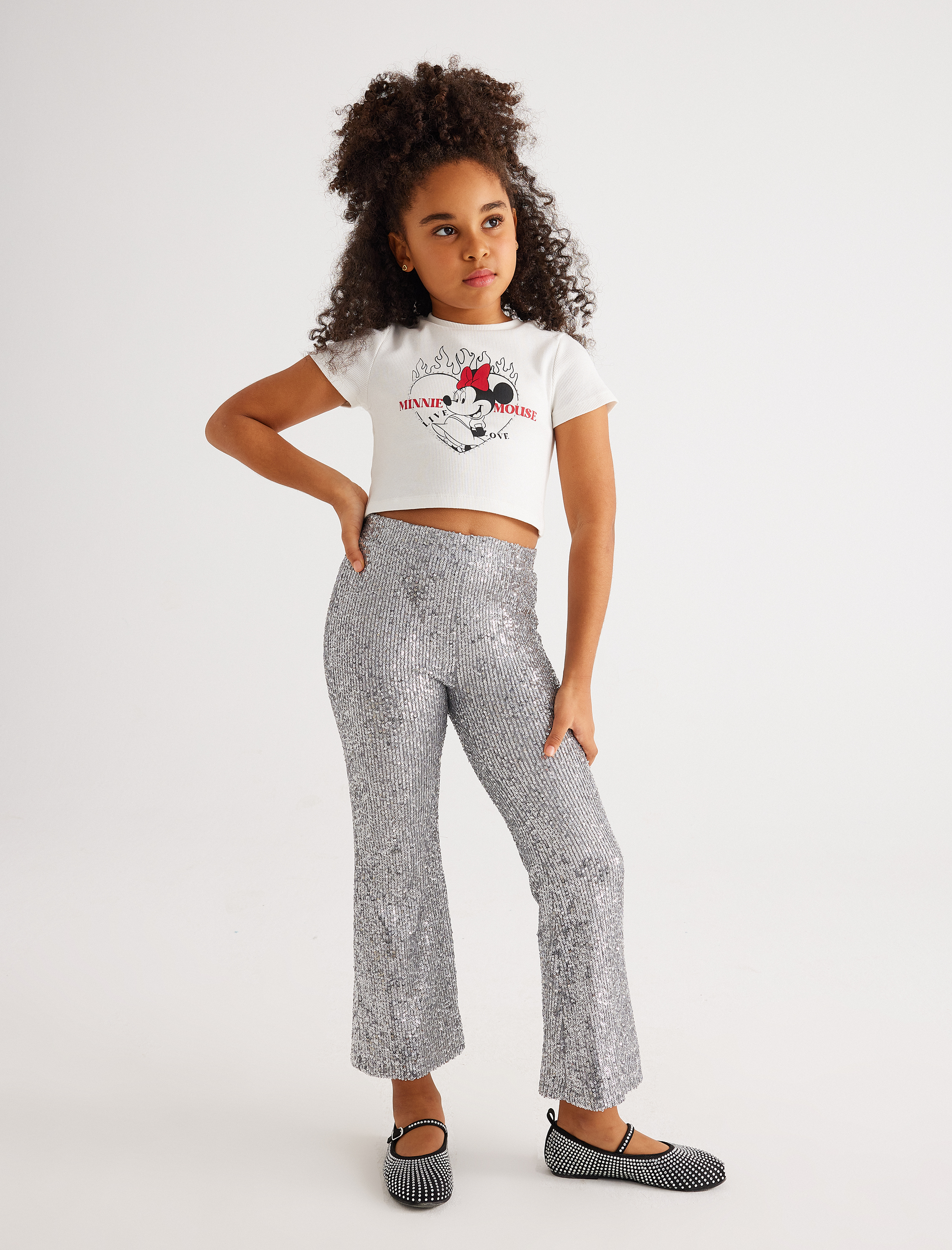 Kız Çocuk Minnie Mouse Crop Tişört Lisanslı Kısa Kollu Bisiklet Yaka