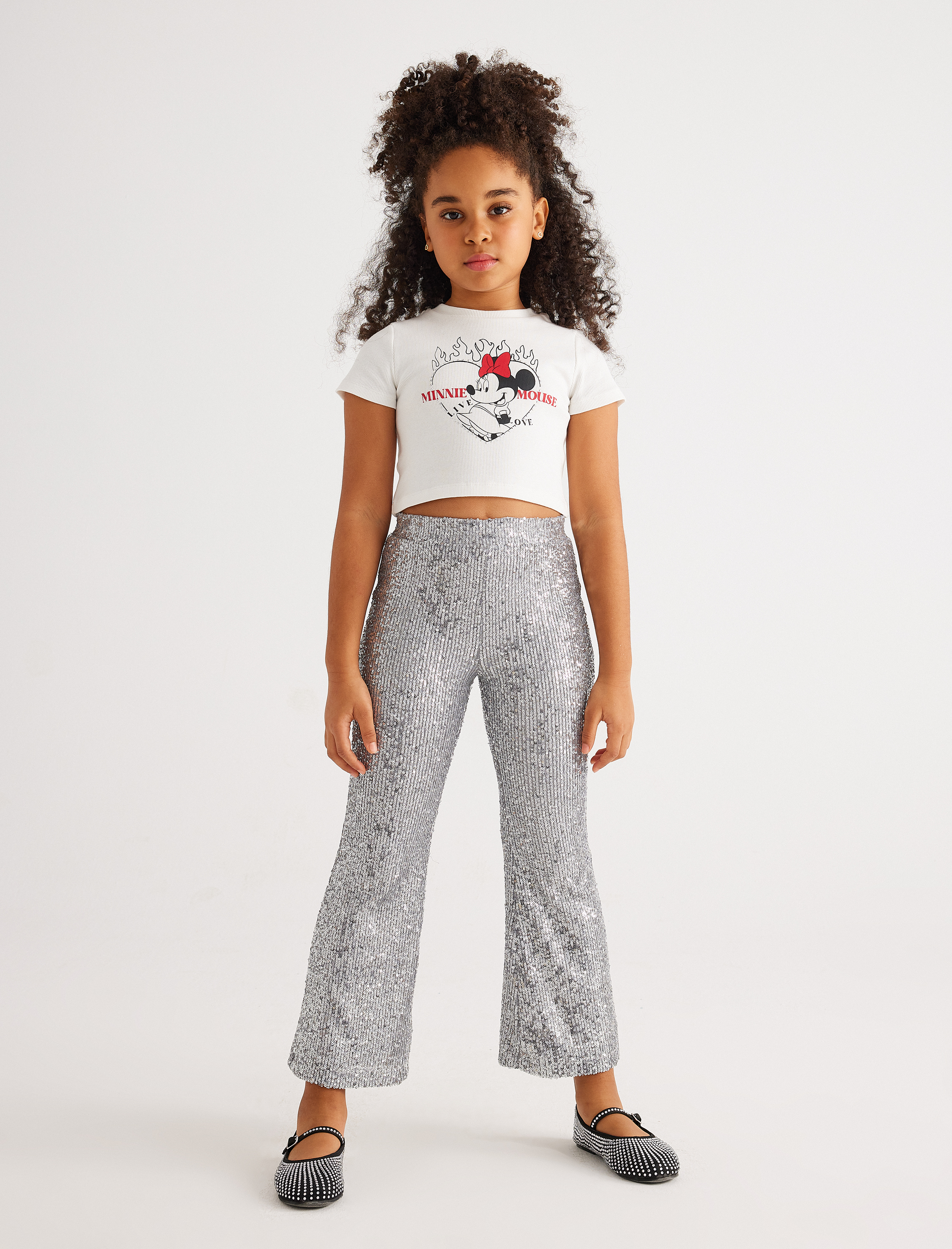 Kız Çocuk Minnie Mouse Crop Tişört Lisanslı Kısa Kollu Bisiklet Yaka