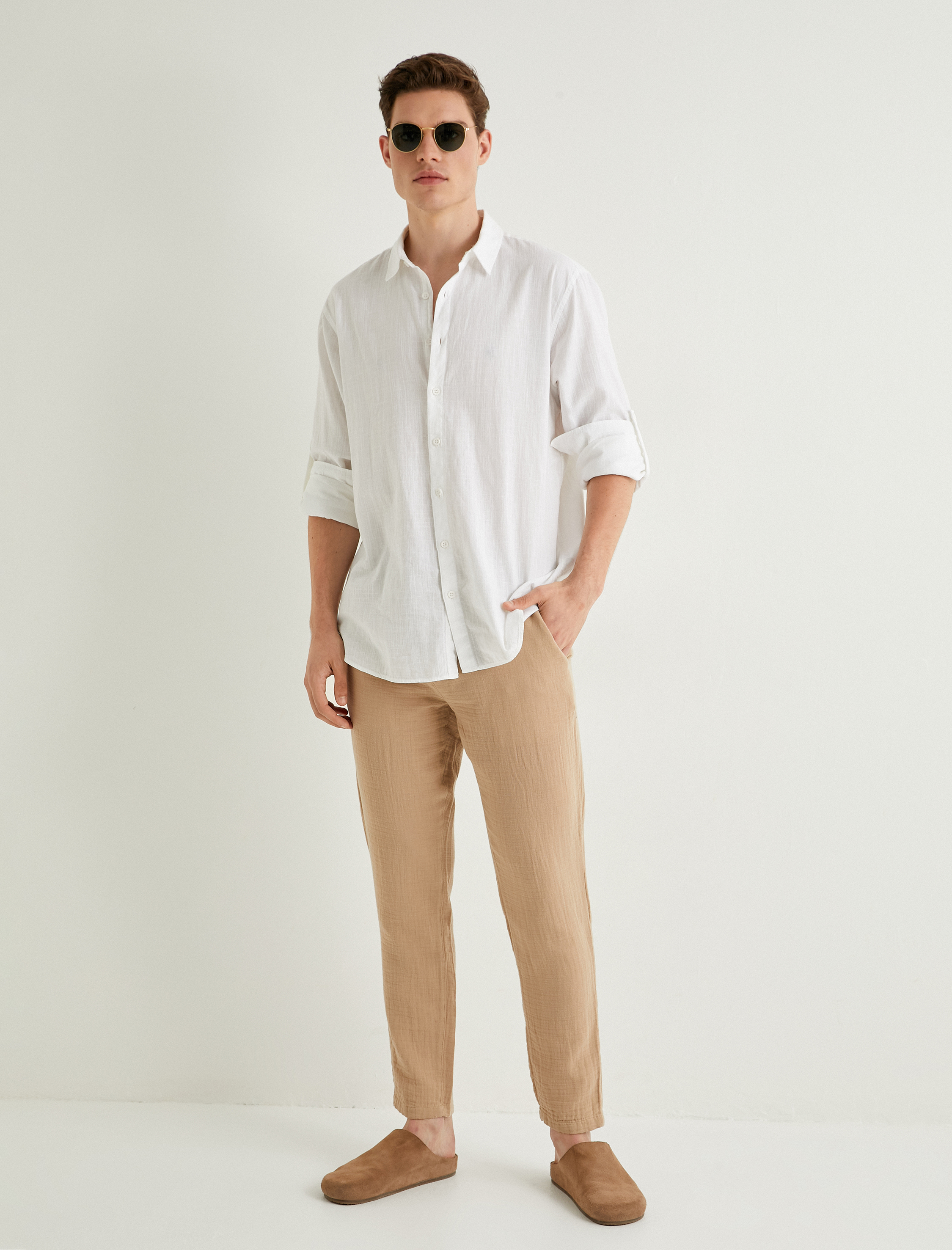   Yazlık Müslin Pantolon Dar Paça Beli Bağcıklı Cep Detaylı Düğmeli