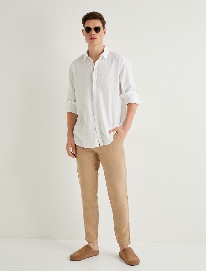  Yazlık Müslin Pantolon Dar Paça Beli Bağcıklı Cep Detaylı Düğmeli