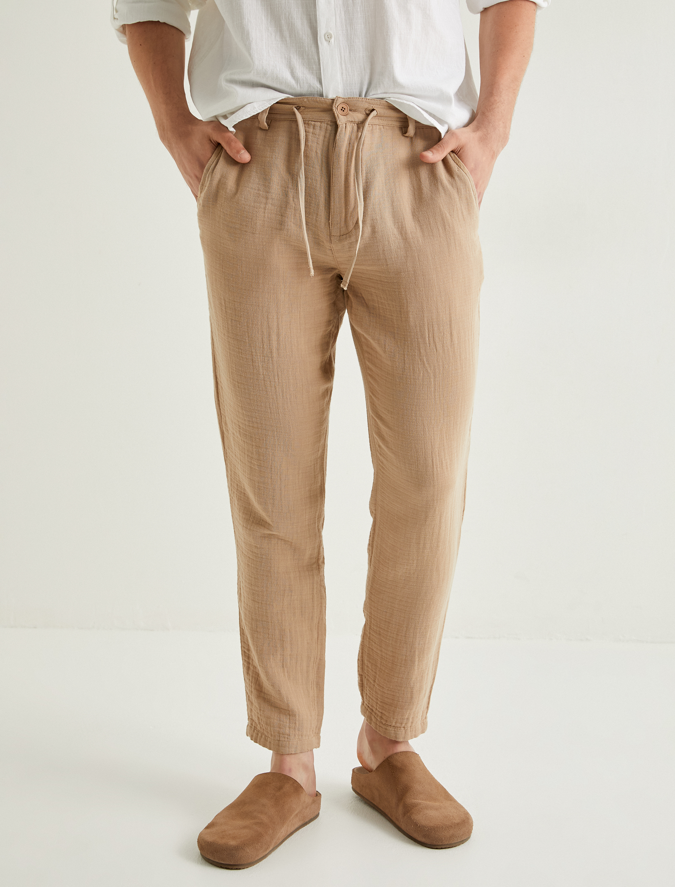   Yazlık Müslin Pantolon Dar Paça Beli Bağcıklı Cep Detaylı Düğmeli