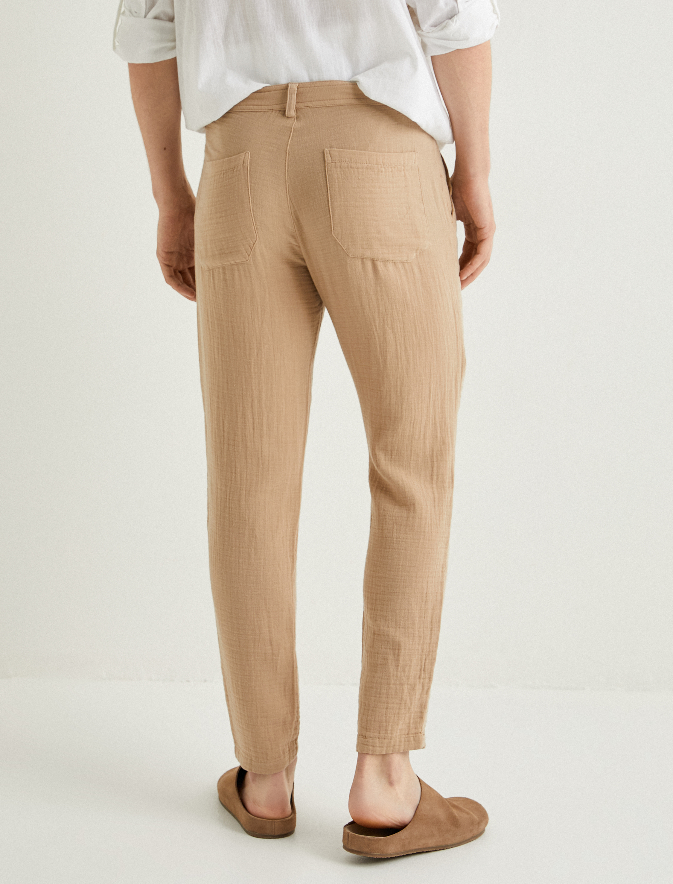   Yazlık Müslin Pantolon Dar Paça Beli Bağcıklı Cep Detaylı Düğmeli