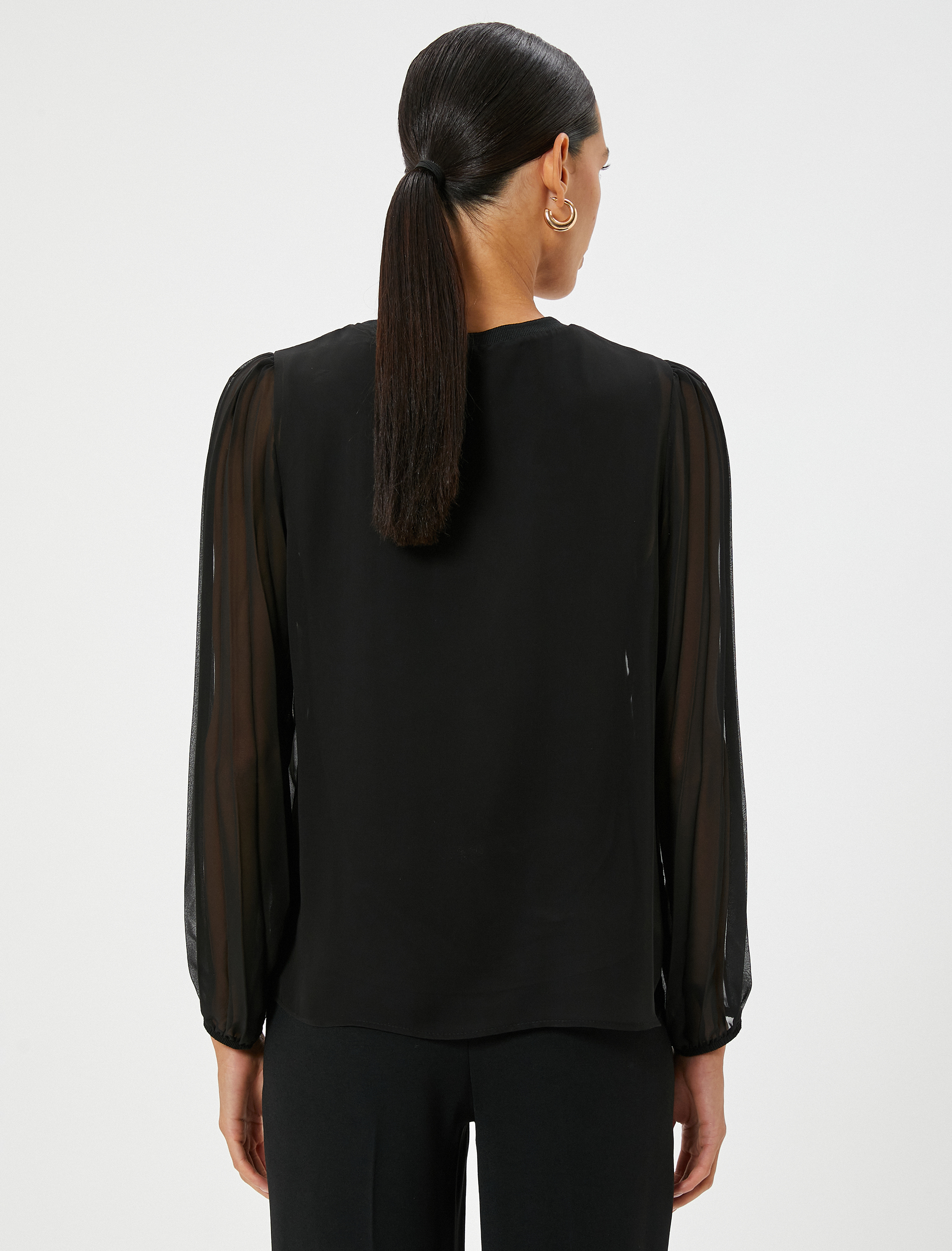   Şifon Kollu Bluz Pileli Bisiklet Yaka Standart Kesim