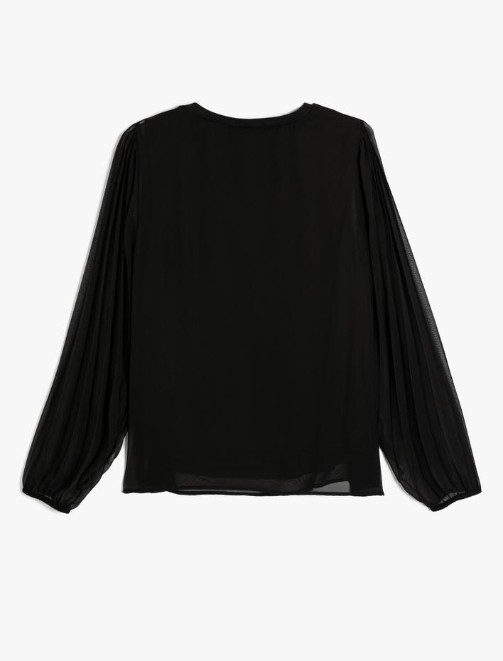  Şifon Kollu Bluz Pileli Bisiklet Yaka Standart Kesim