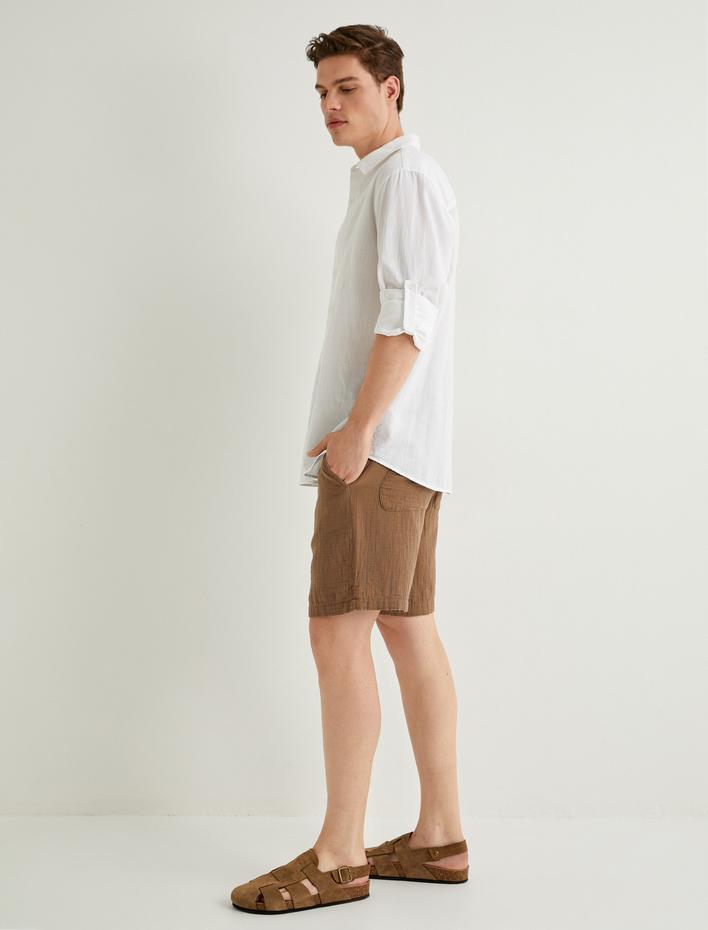  Müslin Bermuda Şort Beli Bağcıklı Cep Detaylı Pamuklu