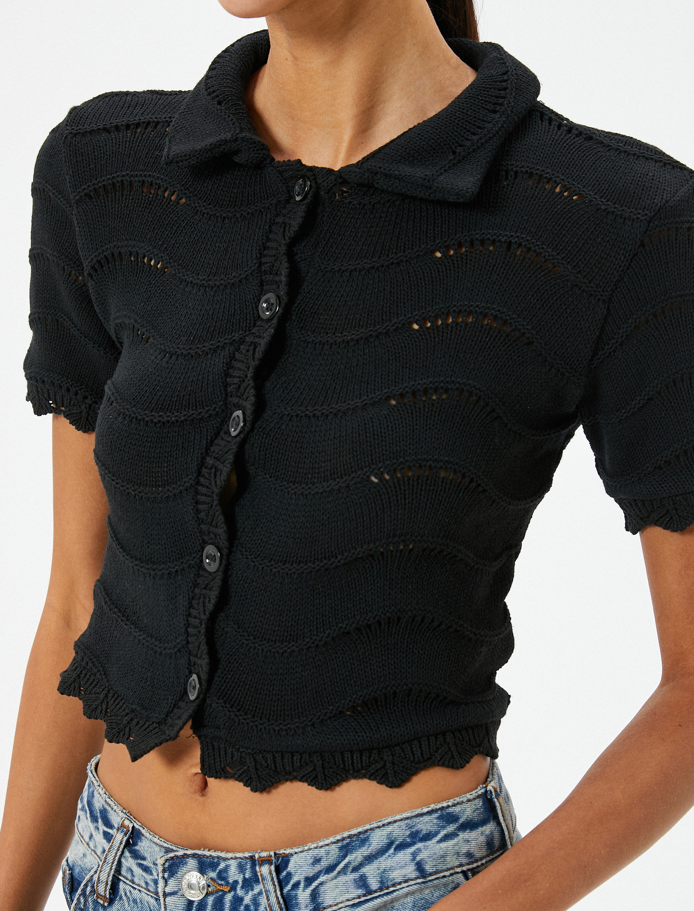 Triko Hırka Kısa Kollu Düğmeli Dokulu