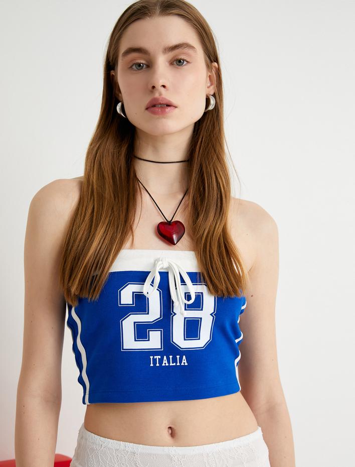  Straplez Crop Top Baskılı Fiyonk Detaylı