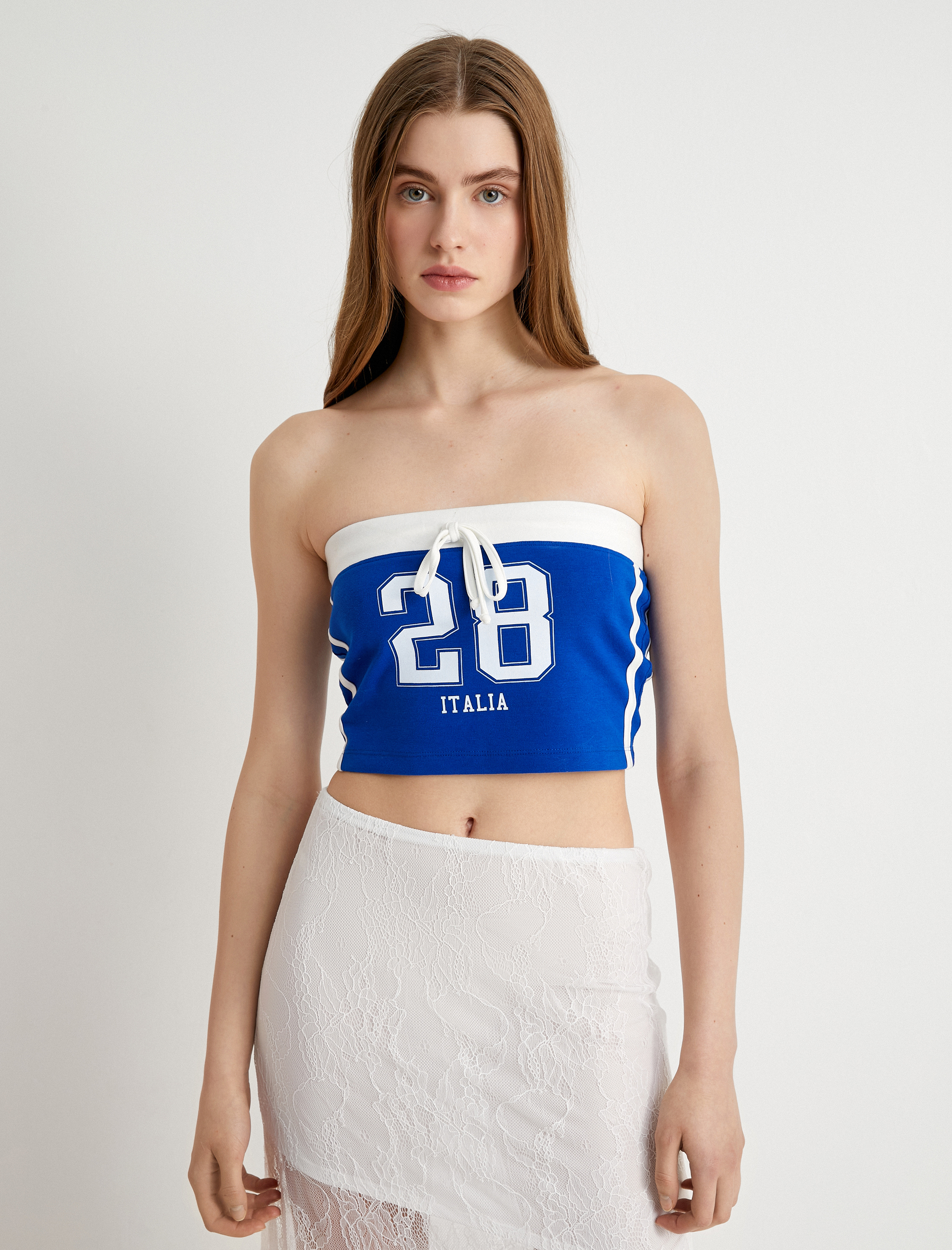   Straplez Crop Top Baskılı Fiyonk Detaylı