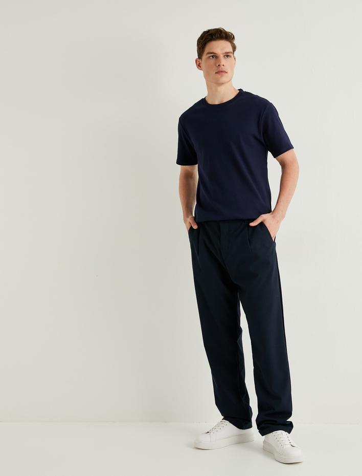  Fitilli Tişört Dokulu Bisiklet Yaka Kısa Kollu Pamuklu