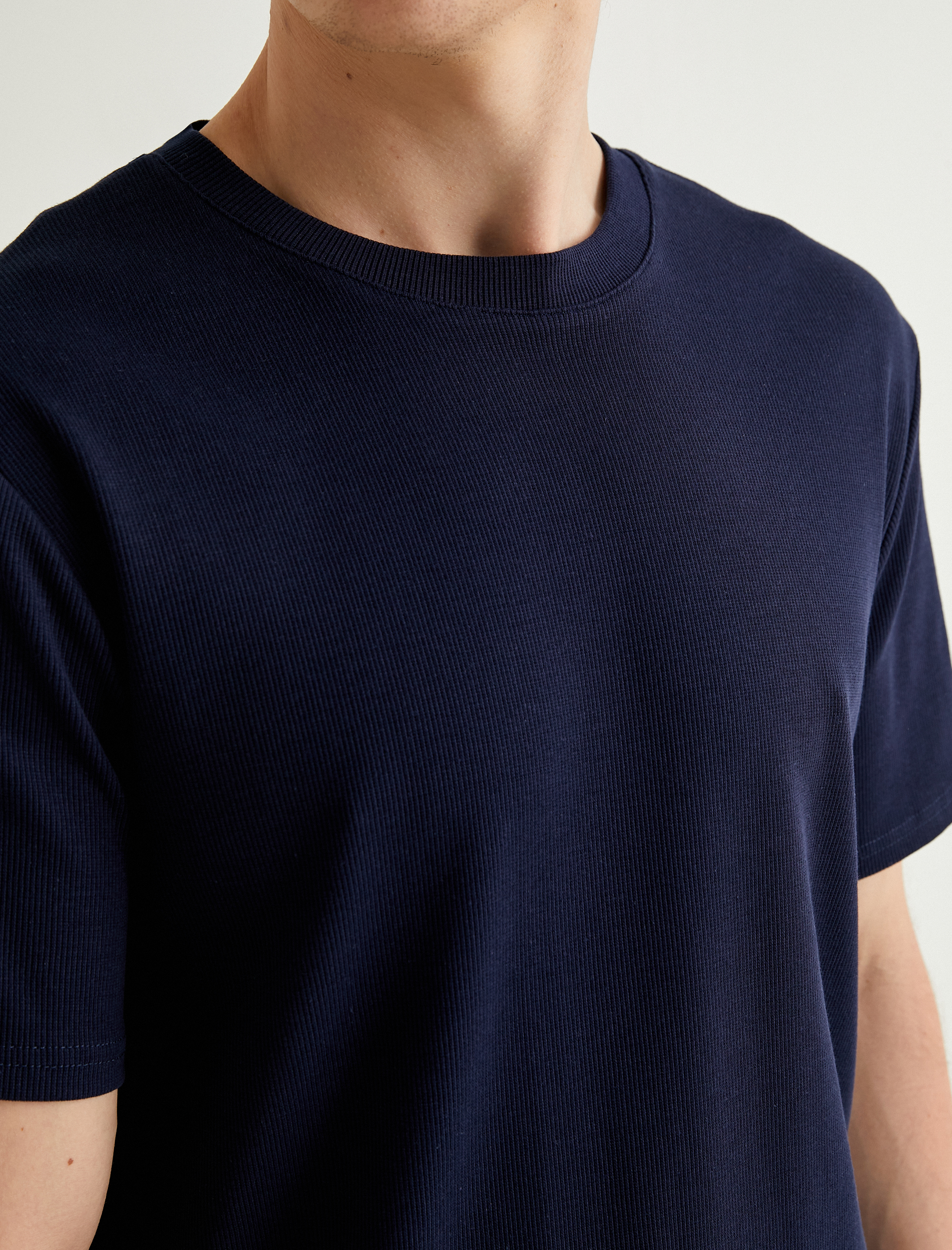   Fitilli Tişört Dokulu Bisiklet Yaka Kısa Kollu Pamuklu