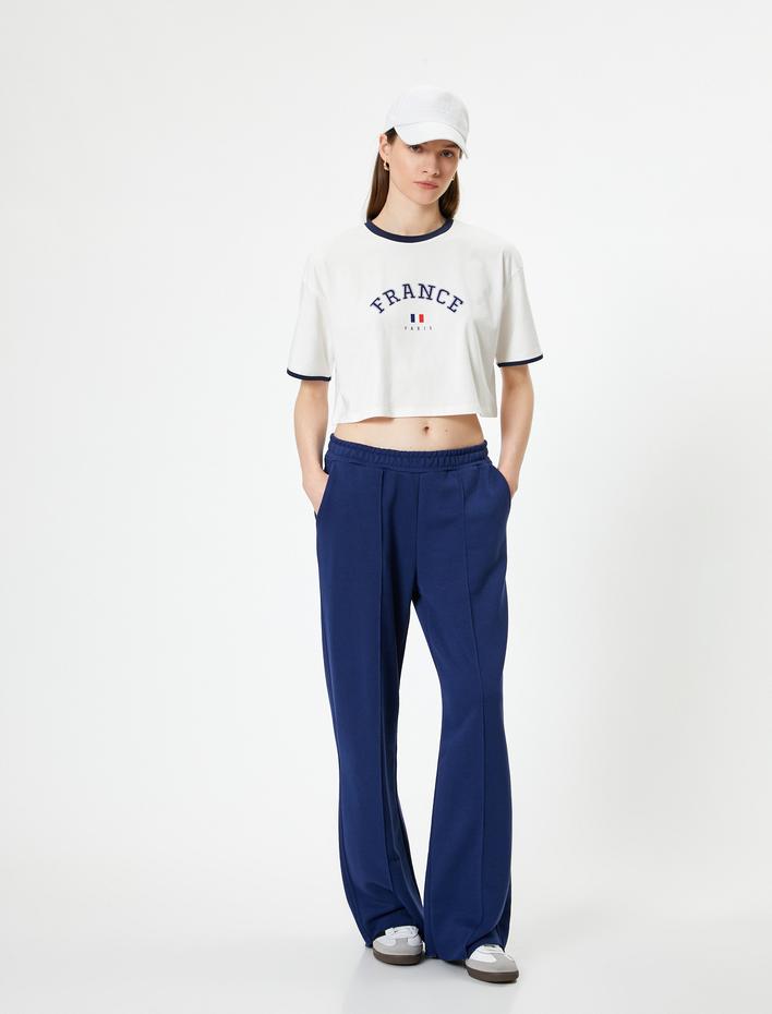  Baskılı Crop Tişört Pamuklu Kısa Kollu Bisiklet Yaka Rahat Kalıp