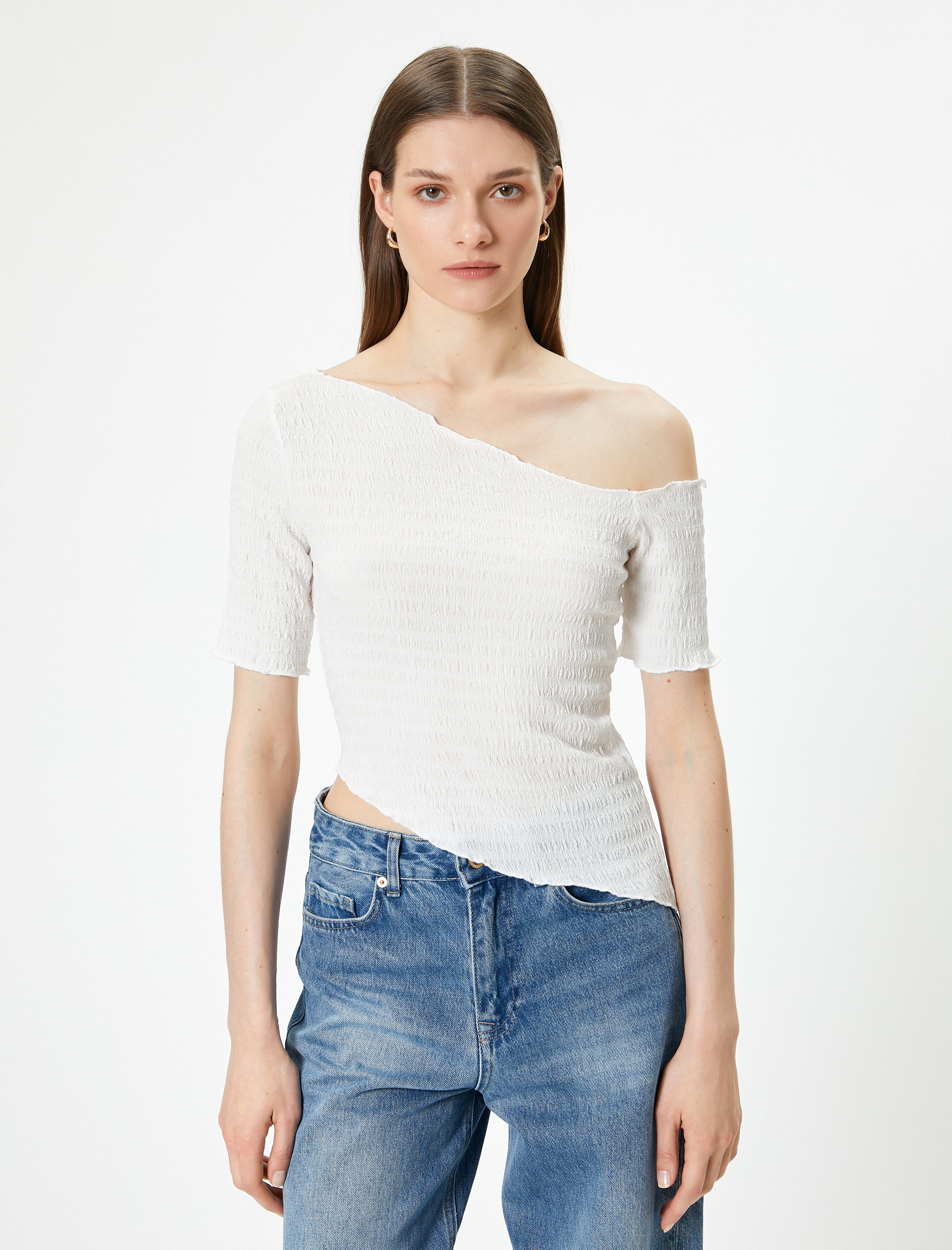   Tek Omuz Asimetrik Yaka Bluz Kısa Kollu Dokulu