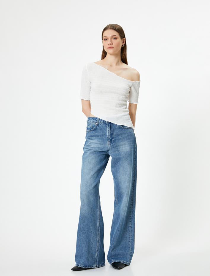  Tek Omuz Asimetrik Yaka Bluz Kısa Kollu Dokulu