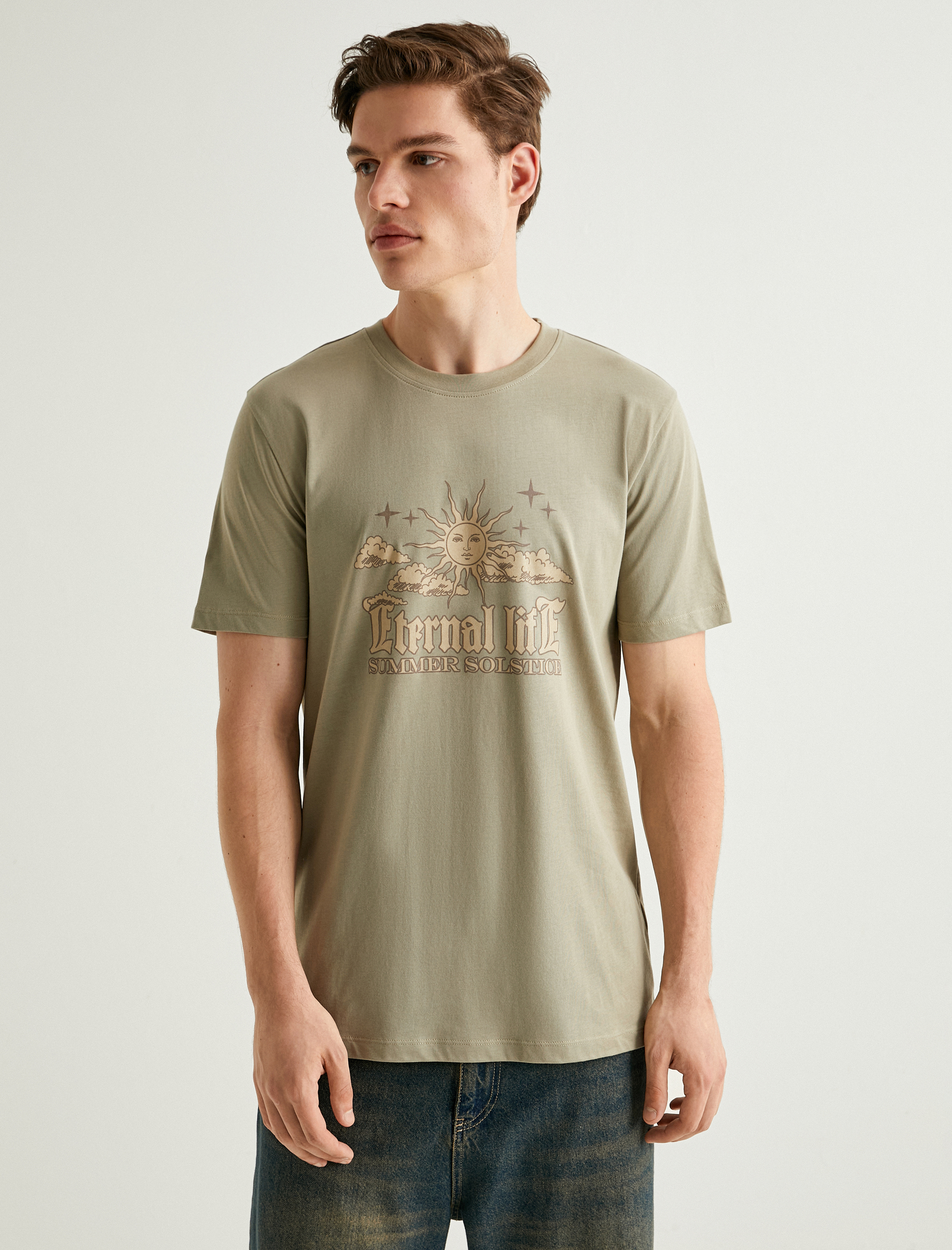   Slogan Baskılı Pamuklu Bisiklet Yaka Slim Fit Tişört