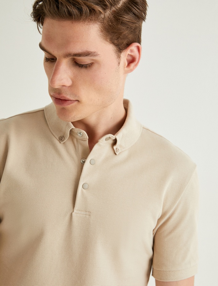  Polo Yaka Tişört Slim Fit Çıt Çıt Düğme Detaylı Kısa Kollu Pamuklu