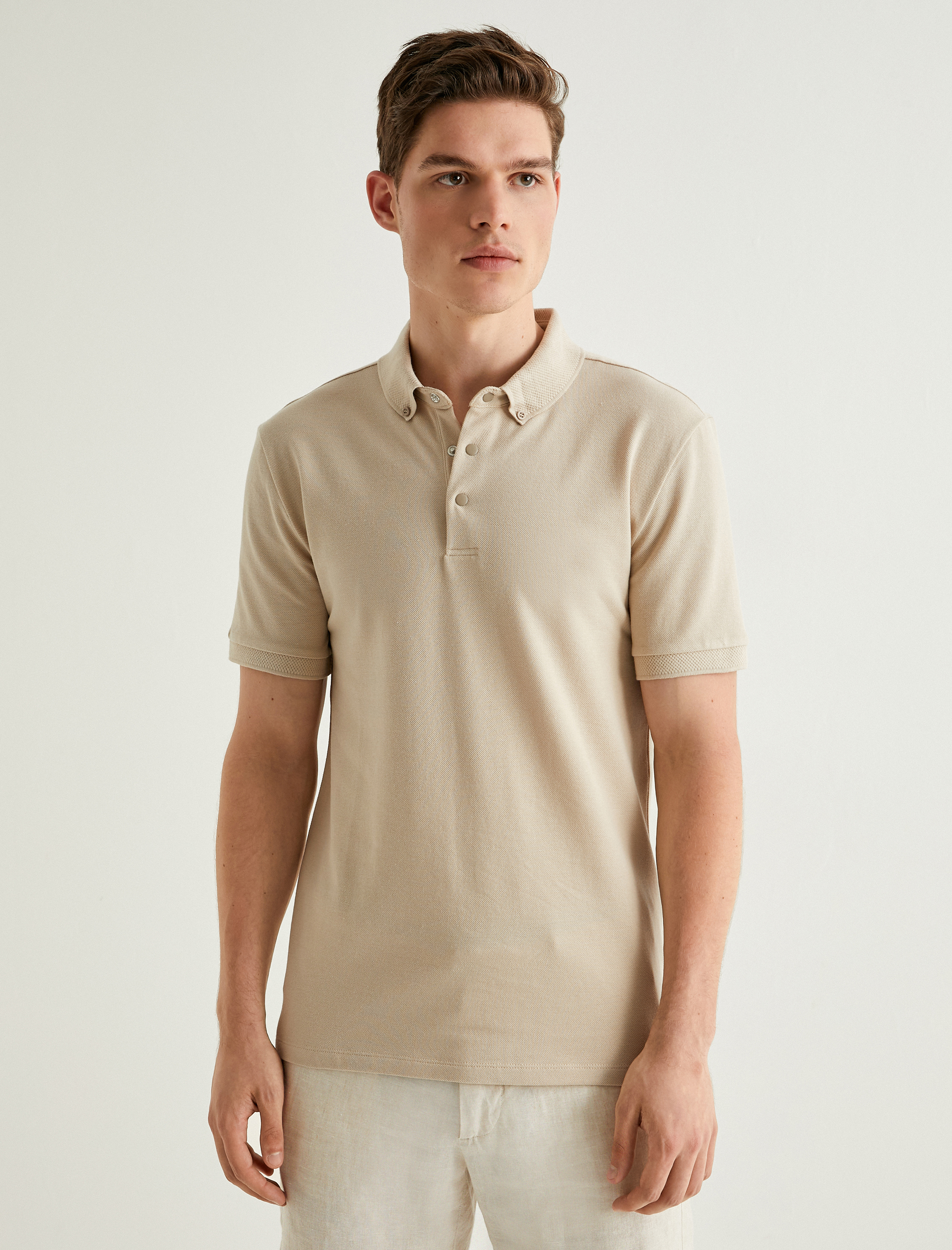   Polo Yaka Tişört Slim Fit Çıt Çıt Düğme Detaylı Kısa Kollu Pamuklu