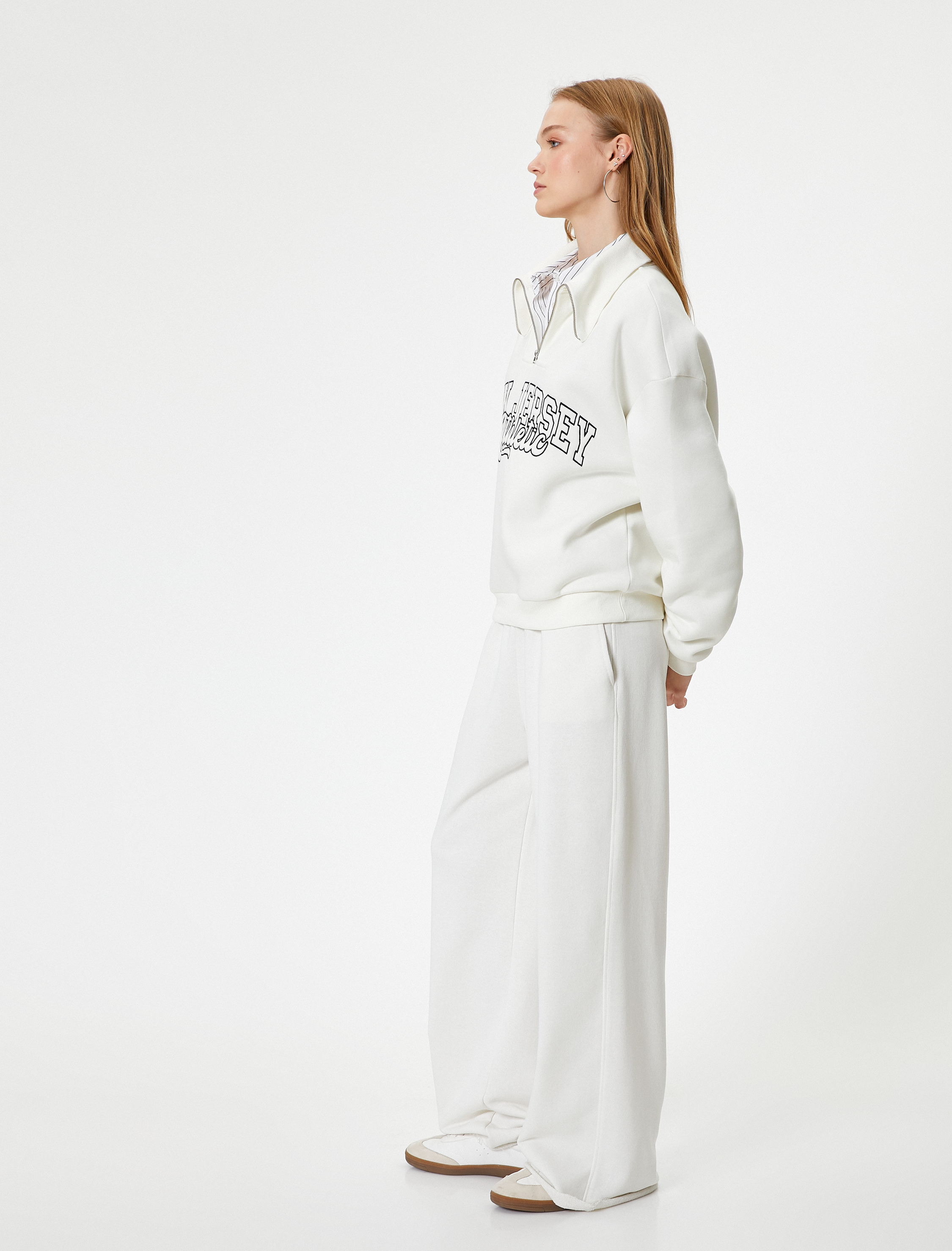   Şardonlu Kolej Sweatshirt Baskılı Yarım Fermuarlı Relax Fit İşlemeli Ribanalı