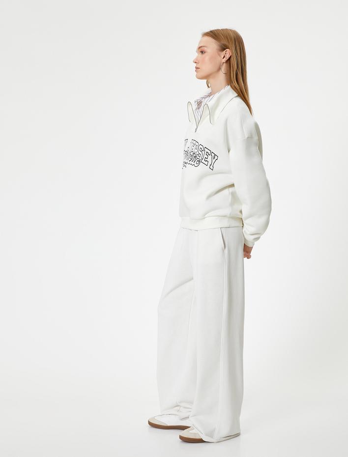  Şardonlu Kolej Sweatshirt Baskılı Yarım Fermuarlı Relax Fit İşlemeli Ribanalı