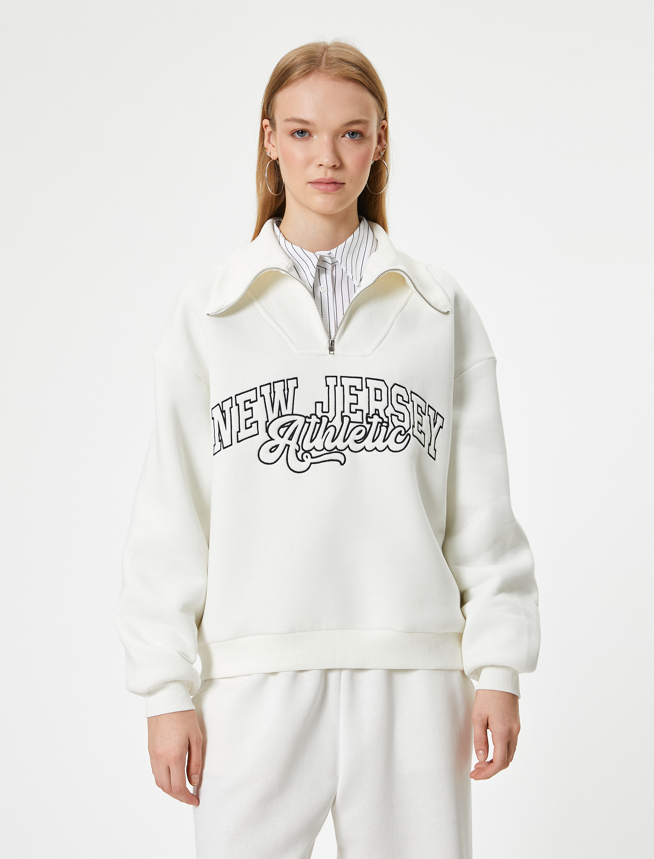   Şardonlu Kolej Sweatshirt Baskılı Yarım Fermuarlı Relax Fit İşlemeli Ribanalı